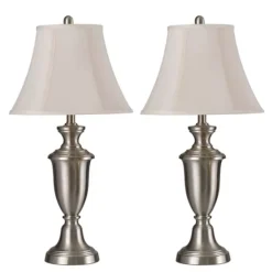 Table Lamp Brushed Steel Finish White Softback Silk Fabric Shade Set Of 2