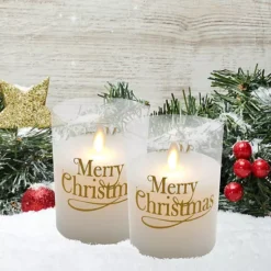 LumaBase "Merry Christmas" Wax Filled LED Candles Set In Glass Holders -Home Decor Shop 3848938 ALT2