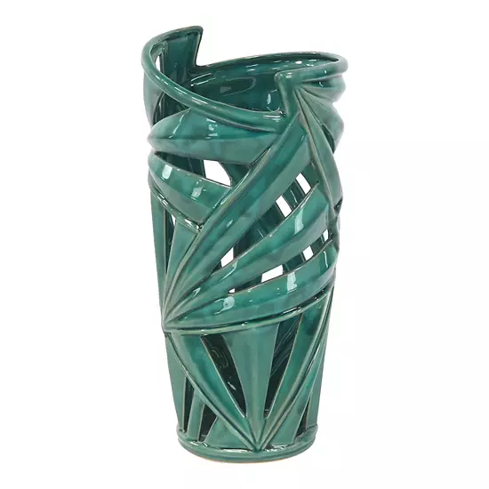 CosmoLiving By Cosmopolitan Modern Style Green Ceramic Vase With Palm Leaf Silhouette 3 CosmoLiving By Cosmopolitan Modern Style Green Ceramic Vase With Palm Leaf Silhouette - Image 3