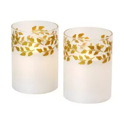 LumaBase Gold Wreath Battery Operated Wax Candles In Glass Holders With Moving Flame 2-piece Set