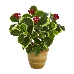 Nearly Natural 14-in. Variegated Holly Leaf Artificial Plant In Ceramic Planter