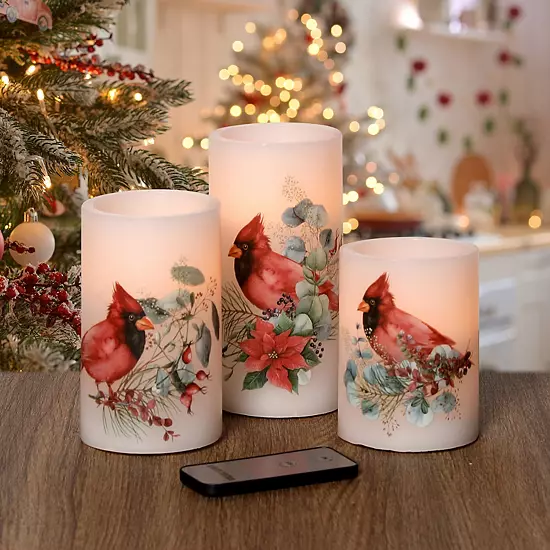 Fitz & Floyd Set Of 3 Christmas Cardinal LED Wax Pillar Candles 2 Fitz & Floyd Set Of 3 Christmas Cardinal LED Wax Pillar Candles - Image 2
