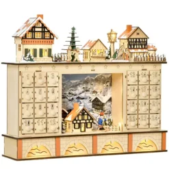HOMCOM Christmas Advent Calendar, Light Up Wooden Store W/ Countdown Drawer, Village