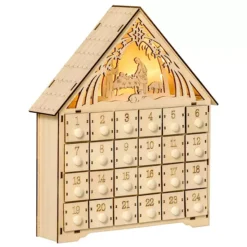 HOMCOM Christmas Advent Calendar Wooden Countdown House Décor W/ Bible Manger Scene
