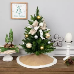 Christmas Central 20" Beige Burlap Mini Christmas Tree Skirt With Fleece Border