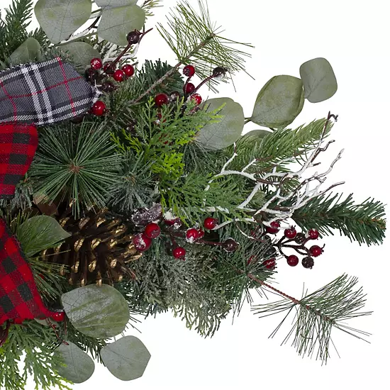 Christmas Central 36" Dual Plaid Bows And Red Berries Artificial Christmas Swag - Unlit 2 Christmas Central 36" Dual Plaid Bows And Red Berries Artificial Christmas Swag - Unlit - Image 2