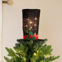 Christmas Central 9.25" Lighted Black Tinsel Top Hat Christmas Tree Topper Clear Lights