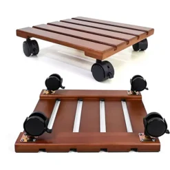 2 Pack Wooden Plant Stand Caddy With Lockable Wheels Heavy Duty - ALLADINBOX