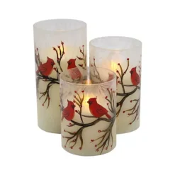 LumaBase Battery Operated LED Red Cardinals Hurricane Candles Set Of 3