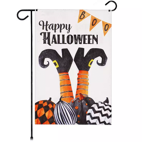 G128 Garden Flag Happy Halloween Witch Feet And Spooky Pumpkins 12"x18" Burlap 1 G128 Garden Flag Happy Halloween Witch Feet And Spooky Pumpkins 12"x18" Burlap