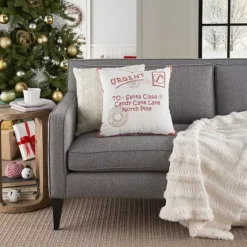 Mina Victory Holiday Christmas Printed Santa Postcard Throw Pillow -Home Decor Shop 6536683 ALT4