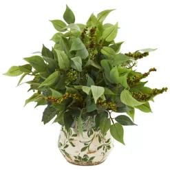 Nearly Natural Mixed Ficus, Fittonia & Berries Artificial Plant In Floral Vase