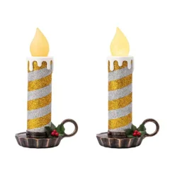 Mr Christmas Flickering LED Resin Glittery Striped Candles Set Of 2