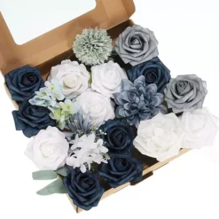 Artificial Flowers Roses Combo Box Set Silk Mix Faux Flowers Fake Flowers With Stems -Home Decor Shop 7061006 White Blue 1