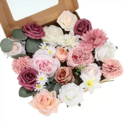 Artificial Flowers Roses Combo Box Set Silk Mix Faux Flowers Fake Flowers With Stems -Home Decor Shop 7061006 White Pink