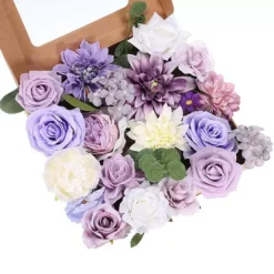 Artificial Flowers Roses Combo Box Set Silk Mix Faux Flowers Fake Flowers With Stems -Home Decor Shop 7061006 White Purple
