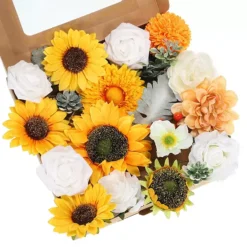 Artificial Flowers Roses Combo Box Set Silk Mix Faux Flowers Fake Flowers With Stems -Home Decor Shop 7061006 White Yellow