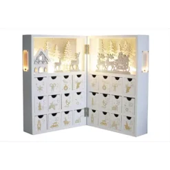 Polar Elegance Wooden Christmas Advent Calendar Book With Led-lit Winter Forest Scene - 24 Drawers