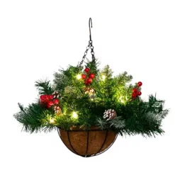 Nearly Natural 16-in. Pre-Lit Artificial Pine & Berry Hanging Basket