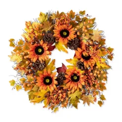 Glitzhome 24'' Fall Wreath For Front Door Decor With Sunflower, Maple Leaf And Berry Ornament