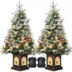2pcs 3ft Pre-Lit Artificial Mini Christmas Tree With 78 Led Lights & Vintage Bells Base With Berries