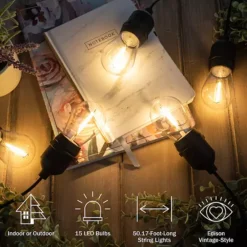 Pure Garden 50-ft. Outdoor String Light – Black Wire, Clear Bulbs -Home Decor Shop 7538900 ALT6