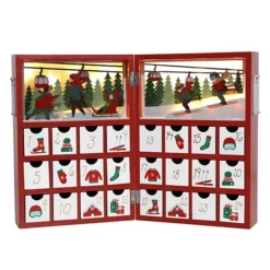 Polar Elegance Christmas Wooden Advent Calendar Book With LED Lighting Red Christmas Skiing Scenes