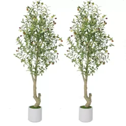 5ft（60in） Tall Faux Olive Tree With White Planter And Green Moss, 2 Pack