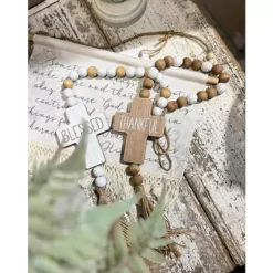 Wood Thankful Cross Hanging Decor Decorated With Bead Garland For Thanksgiving Gift -Home Decor Shop 7883157 ALT2